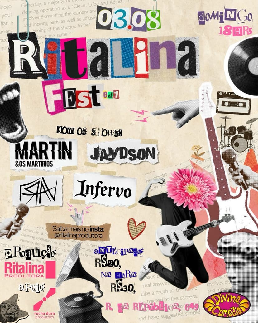 Primeiro Ritalina Fest reúne quatro bandas autorais no Divina Comédia neste domingo (3/8)